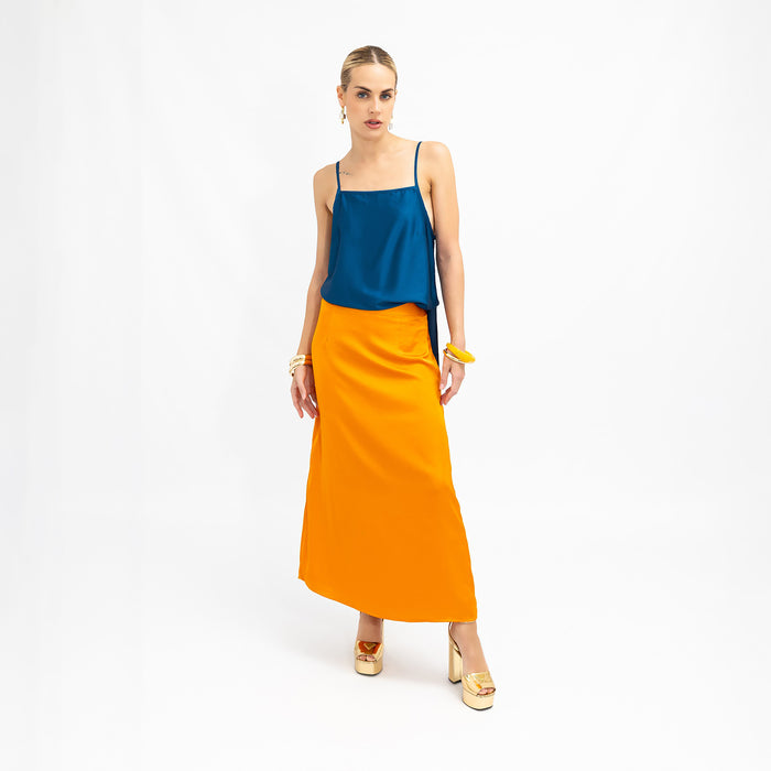Orange Satin Low-Waisted Maxi Skirt