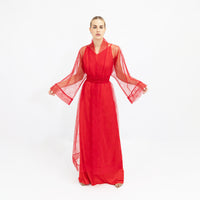 Red Beaded Organza Abaya Kaftan