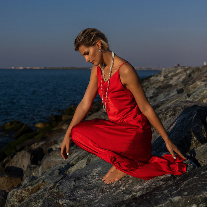 Red Rhinestones Satin Cami-Slip V-Neck Maxi Dress