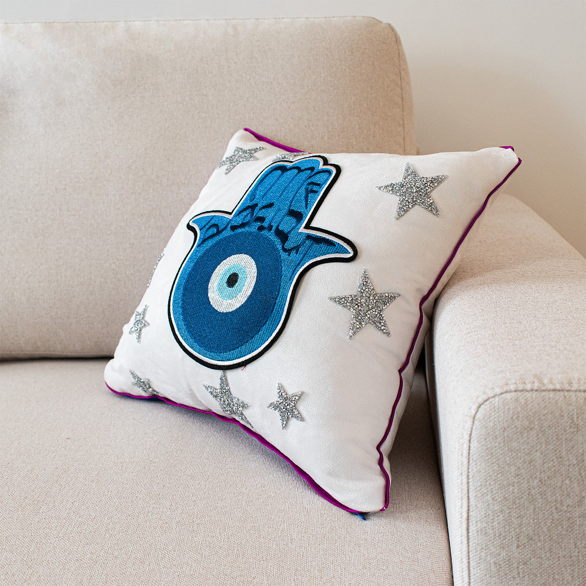 White Suede Decorative Ramadan Cushion With Hamsa And Silver Stars