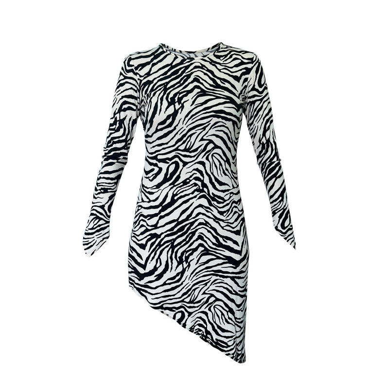 Zebra Print Cotton Jersey Long-Sleeve Asymmetric Bodycon Mini Dress