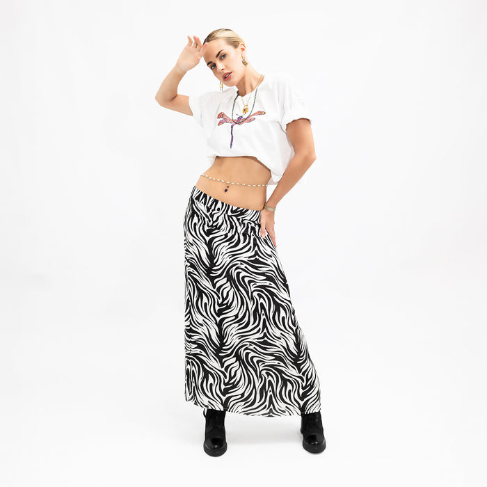 Zebra Print Satin Low-Waisted Maxi Skirt