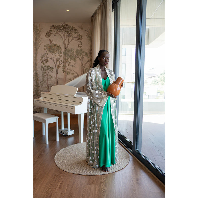 Golden Shimmering Mesh Silver Stars Abaya Kaftan