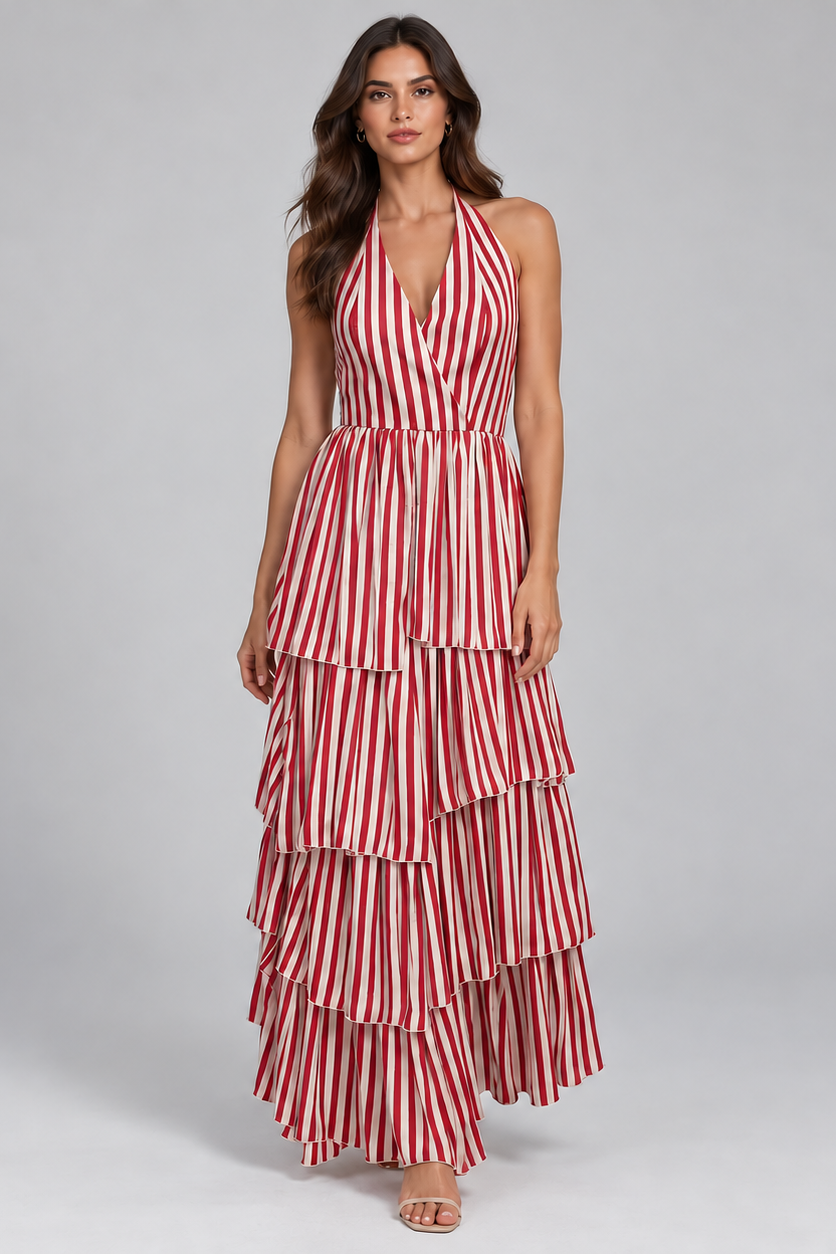 Red & Ivory Striped Tiered Maxi Dress