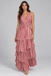 Red & Ivory Striped Tiered Maxi Dress