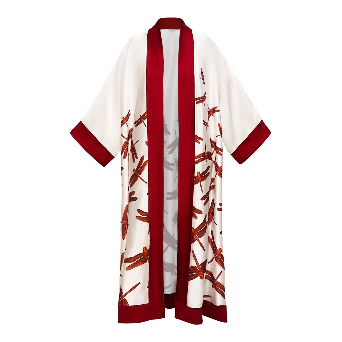Red Dragonflies White with Burgundy Cuff and Hem Detailed Satin Abaya Kaftan
