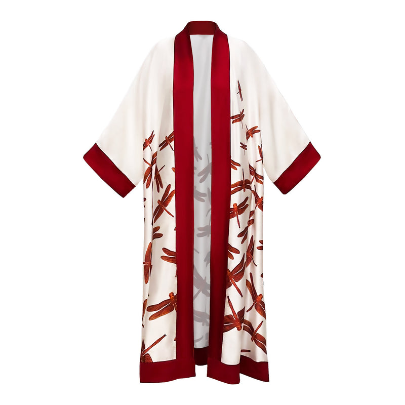 Red Dragonflies White with Burgundy Cuff and Hem Detailed Satin Abaya Kaftan