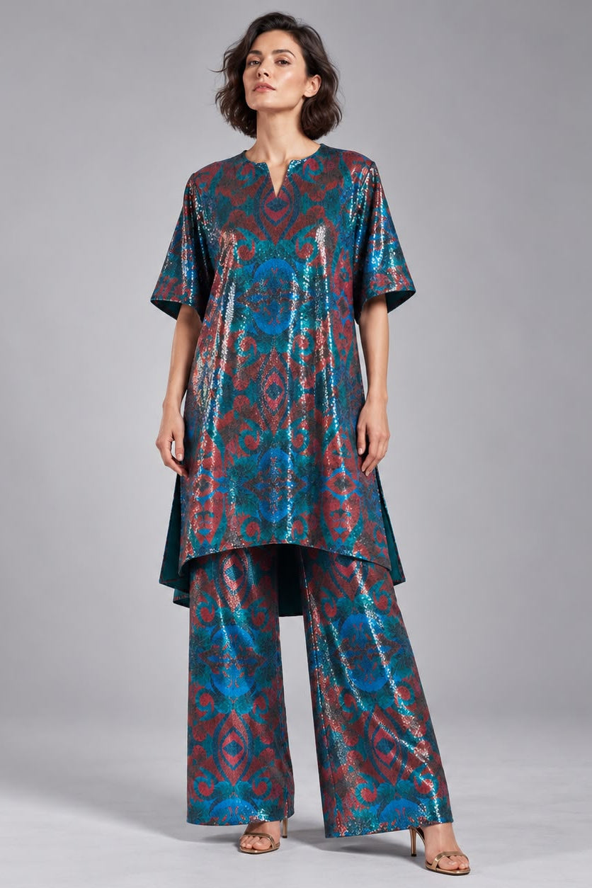 Autumn Paisley Print Sequin Wide -Leg Trouser