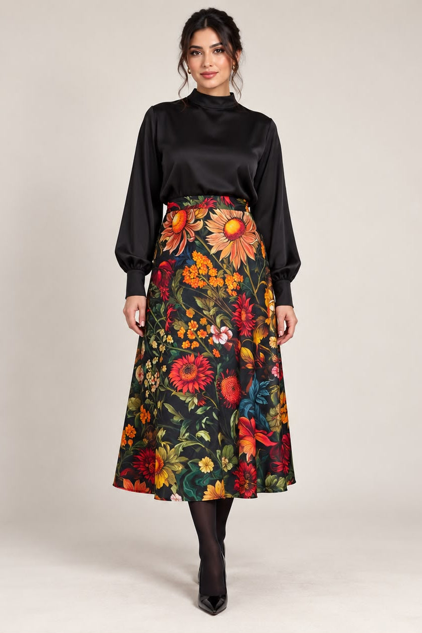 Black Floral Garden Twill Satin A Line Midi Jigsaw Skirt