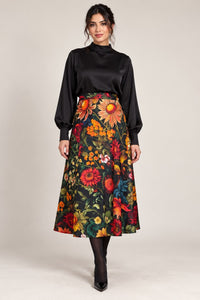 Black Floral Garden Twill Satin A Line Midi Jigsaw Skirt