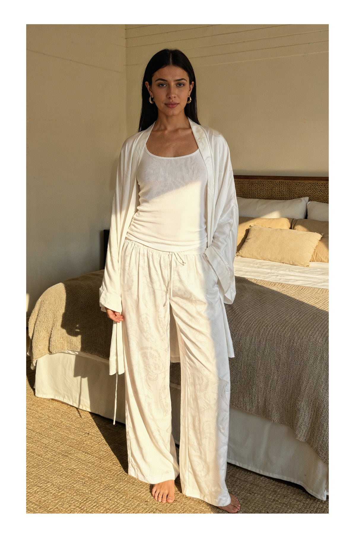 White Koi Fish Printed Wide-Leg Trousers