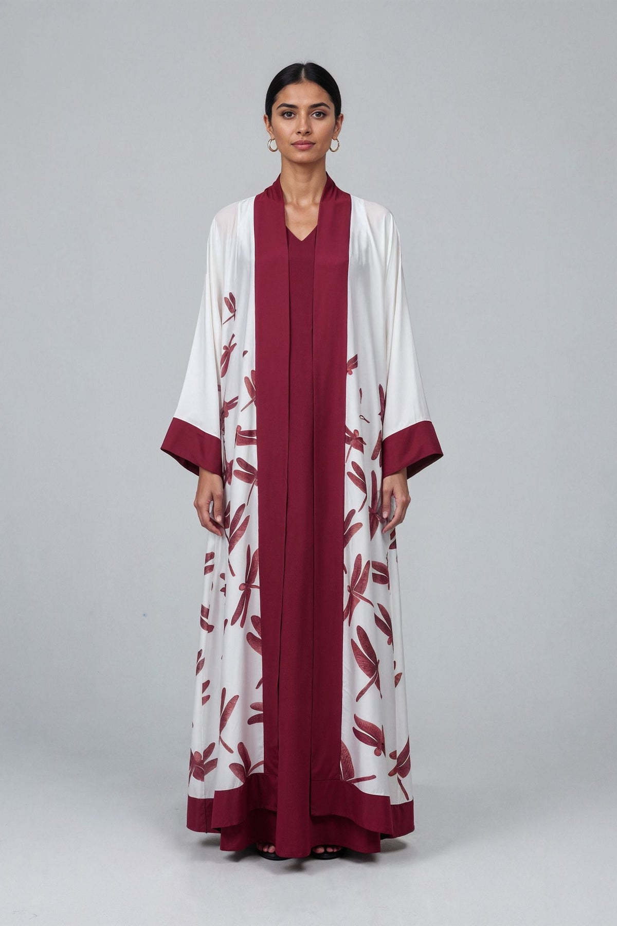 Red Dragonflies White with Burgundy Cuff and Hem Detailed Satin Abaya Kaftan