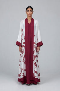 Red Dragonflies White with Burgundy Cuff and Hem Detailed Satin Abaya Kaftan