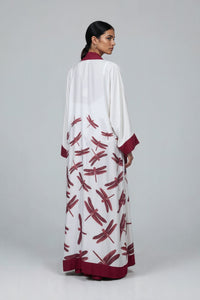 Red Dragonflies White with Burgundy Cuff and Hem Detailed Satin Abaya Kaftan