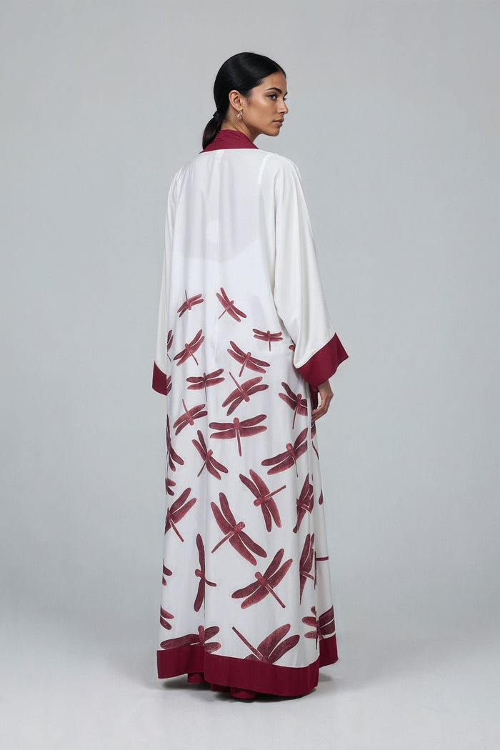 Red Dragonflies White with Burgundy Cuff and Hem Detailed Satin Abaya Kaftan