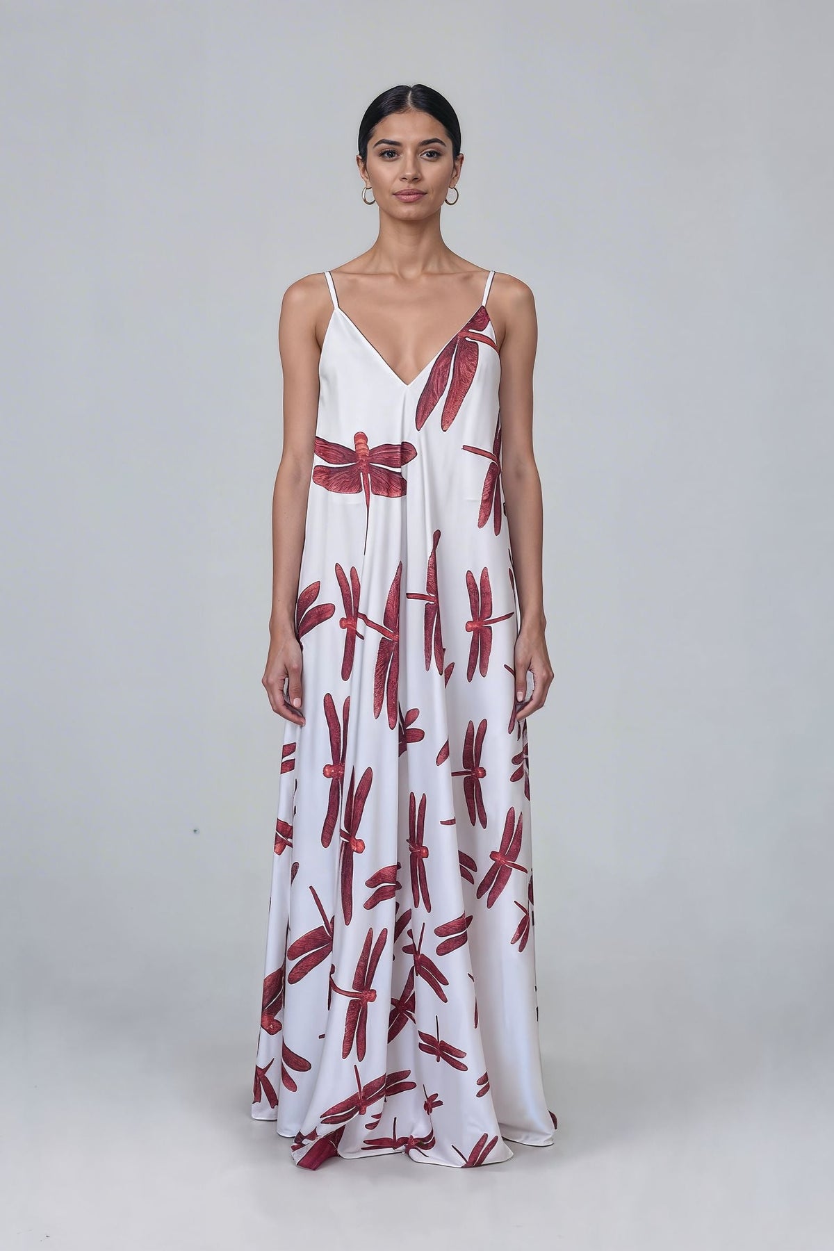 White Red Dragonfly Satin Mariella Dress