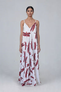 White Red Dragonfly Satin Mariella Dress