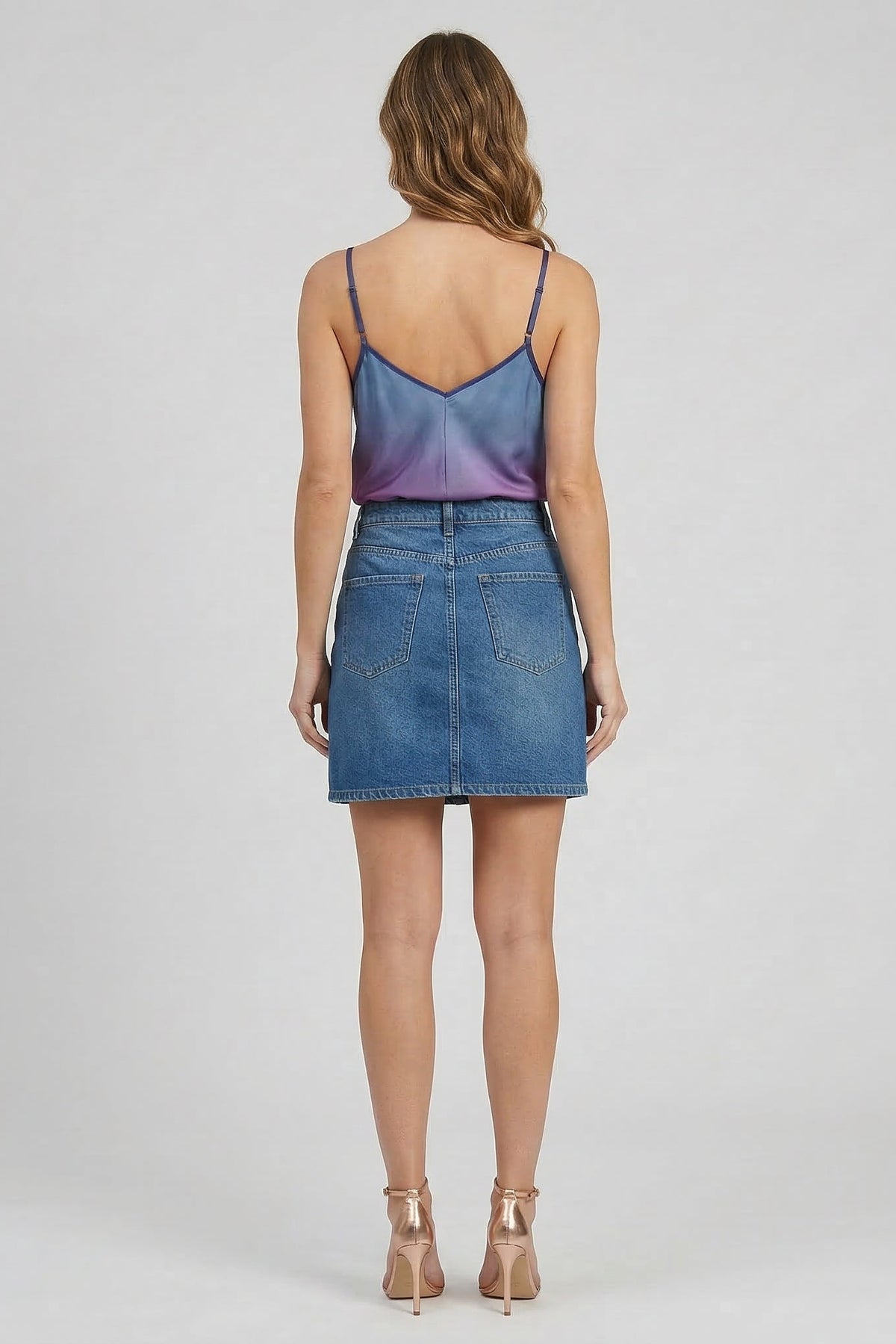 Fuchsia and blue ombre satin cami top with thin adjustable shoulder straps