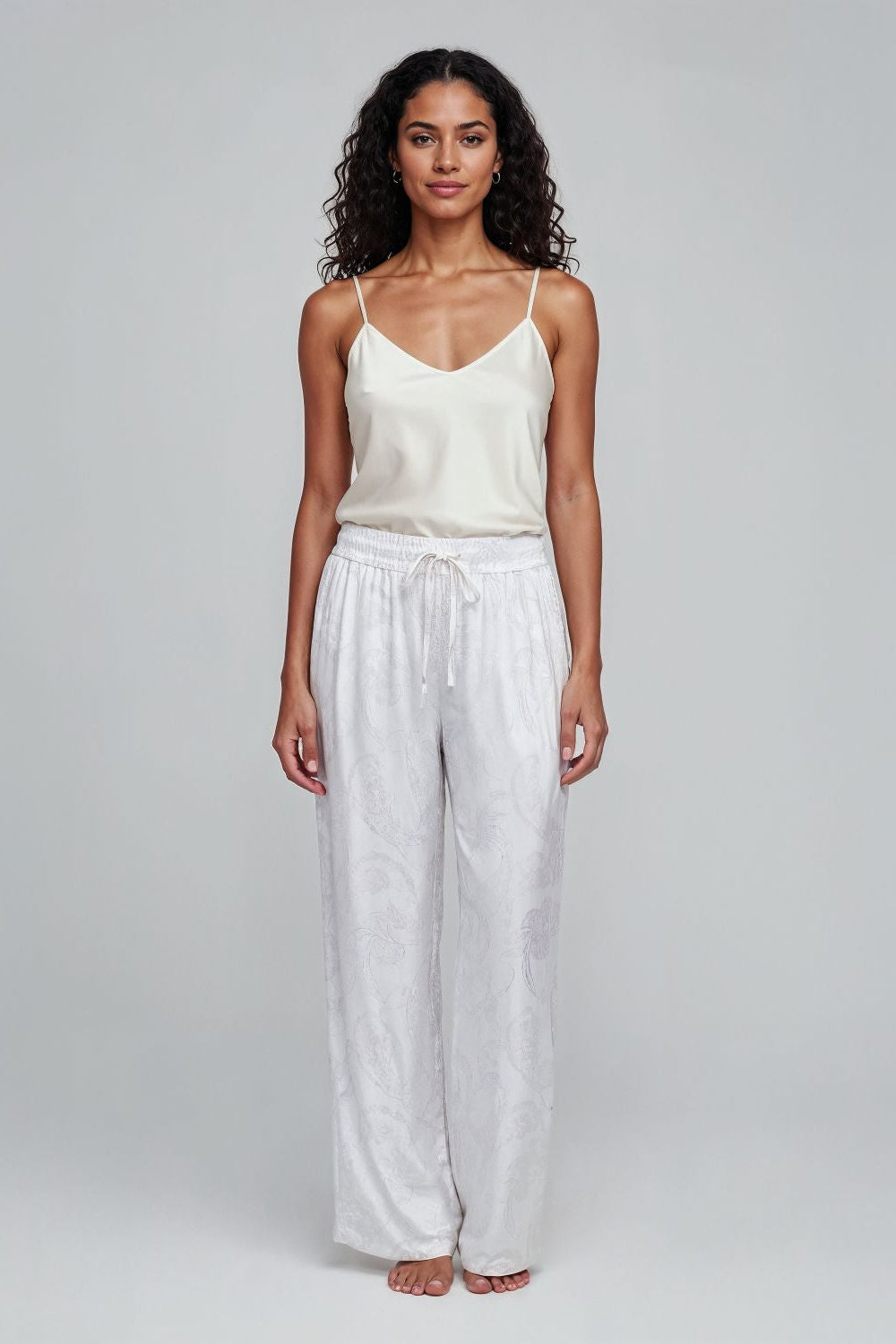 White Koi Fish Printed Wide-Leg Trousers