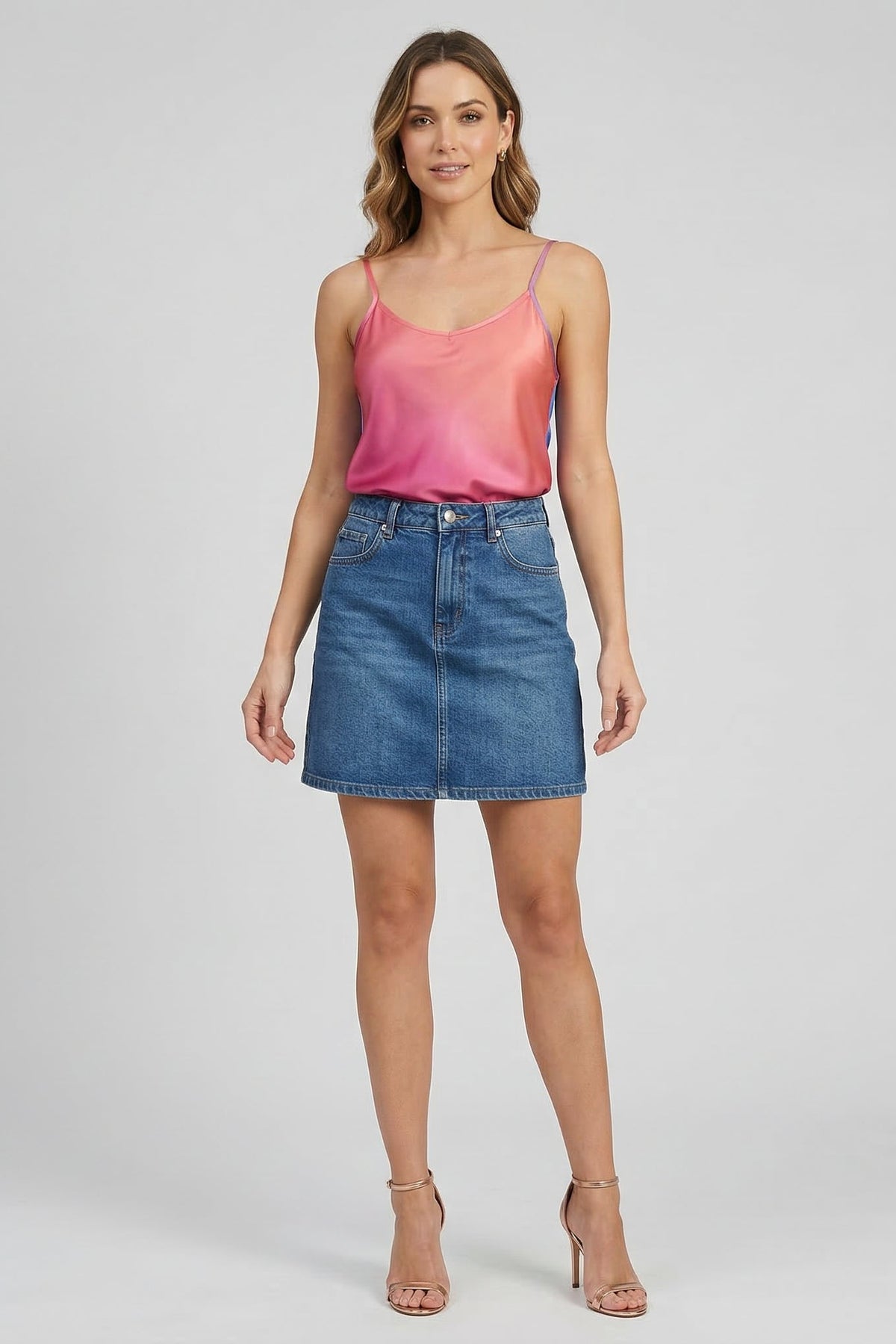 Fuchsia and blue ombre satin cami top with thin adjustable shoulder straps