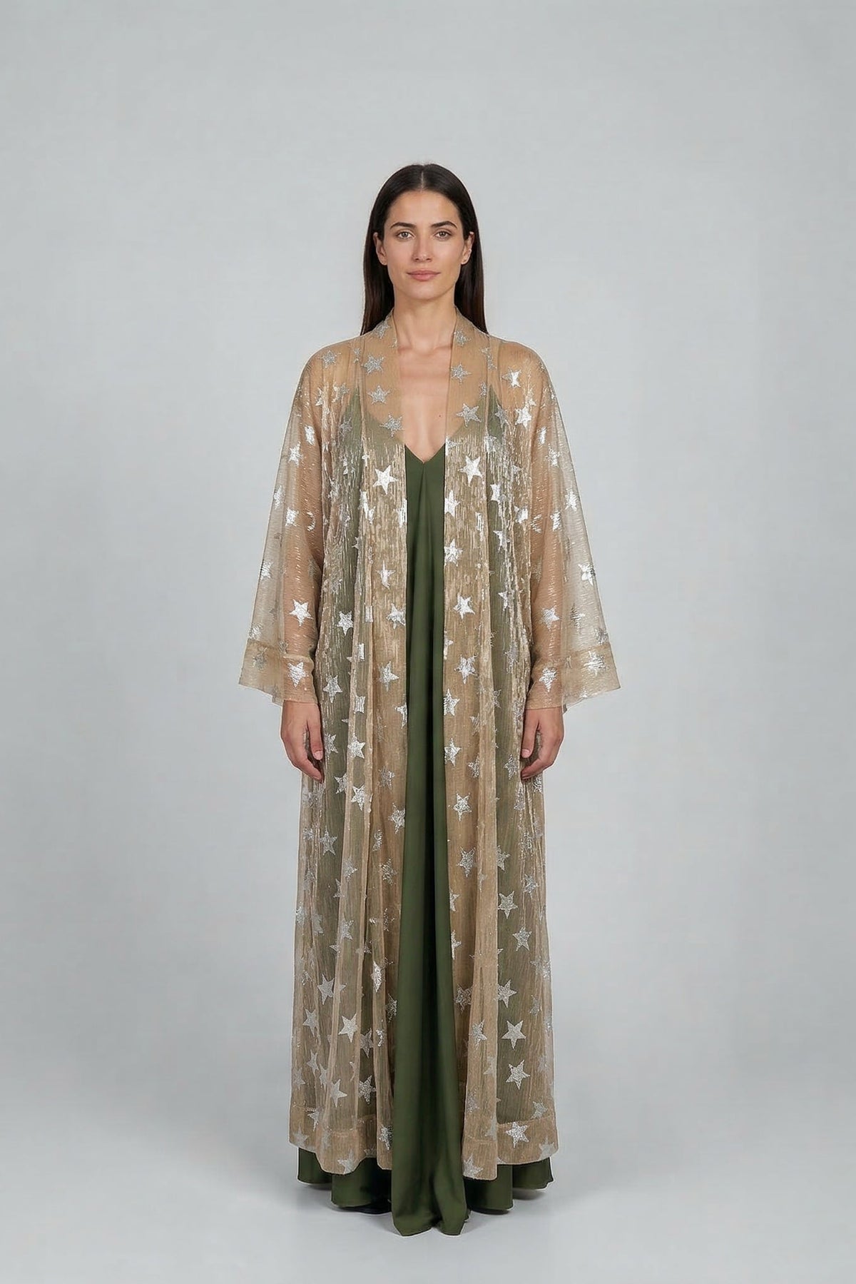 Golden Shimmering Mesh Silver Stars Abaya Kaftan
