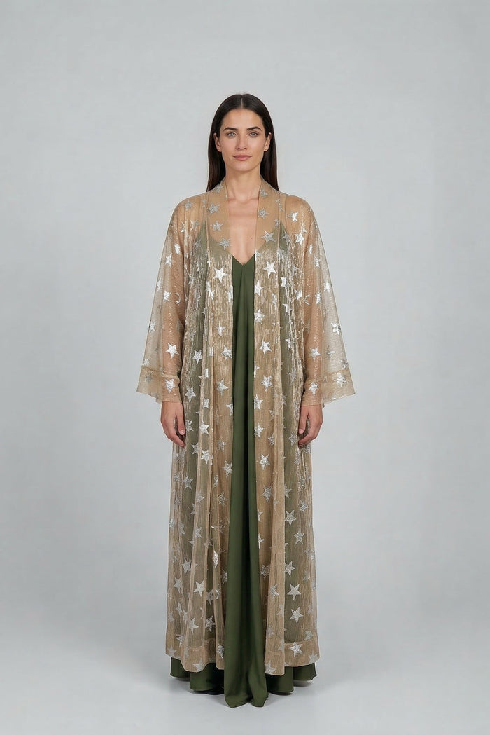 Golden Shimmering Mesh Silver Stars Abaya Kaftan