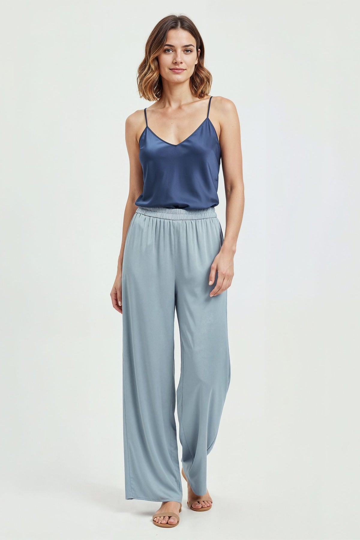 Ice Blue Wide-Leg Lounge Satin Pants