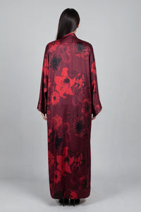 Burgundy Floral Bomb Satin Abaya Kaftan