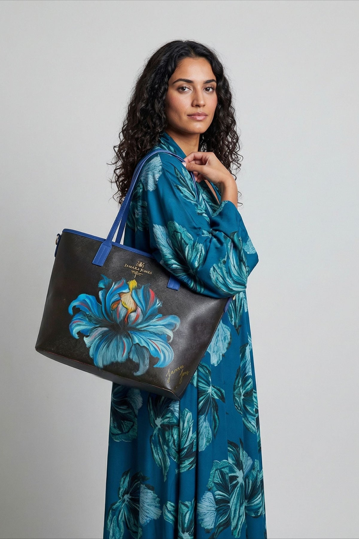 Blue Iris Hand Painted Orange Tote Bag