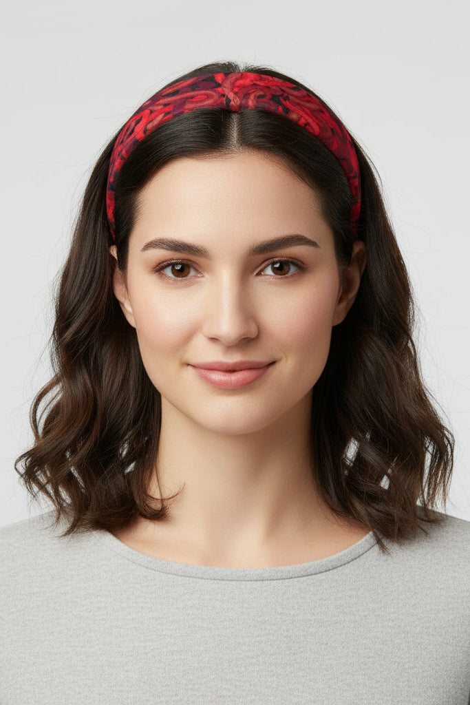 Red snakes print satin headband worn on a woman with dark shoulder length hair