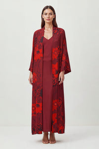 Burgundy Floral Bomb Satin Abaya Kaftan