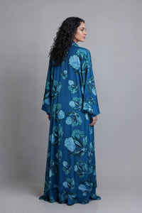 Blue Floral Bomb Satin Abaya Kaftan