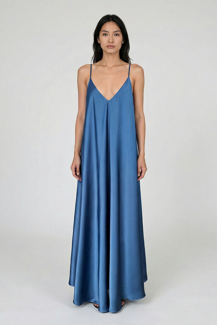 Deep Blue Satin Maxi Slip Dress with V-Neck JANARA JONES Deep Blue Satin Maxi Slip Dress with V-Neck JANARA JONES