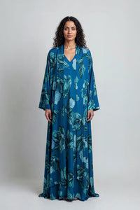 Blue Floral Bomb Satin Abaya Kaftan