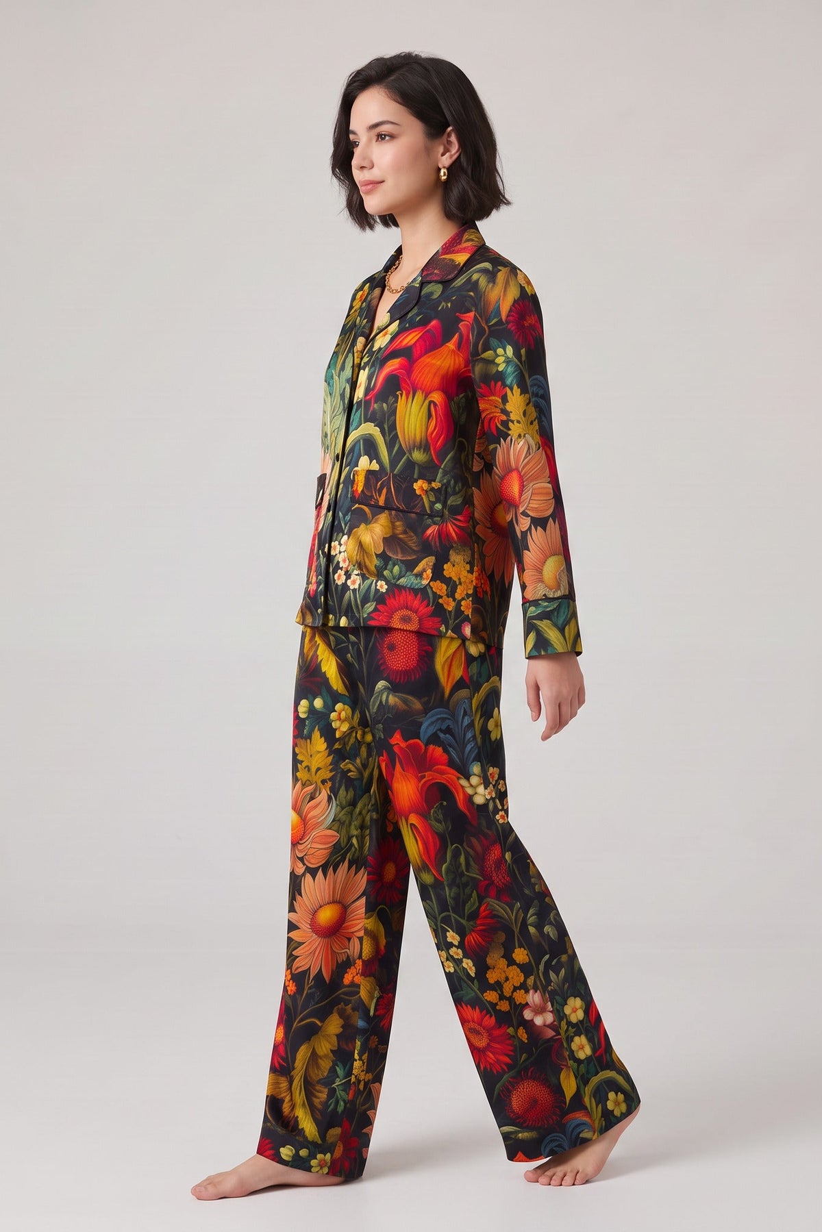 Black Floral Garden Twill Satin Sahara Trousers