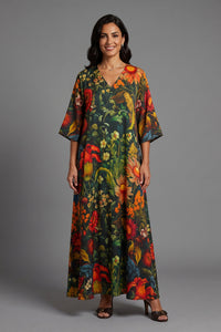 Black Floral Garden Print V -Neck Twill Satin Kaftan