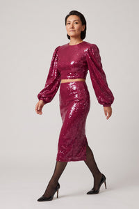 Raspberry Colour Sequined Malina Midi Skirt