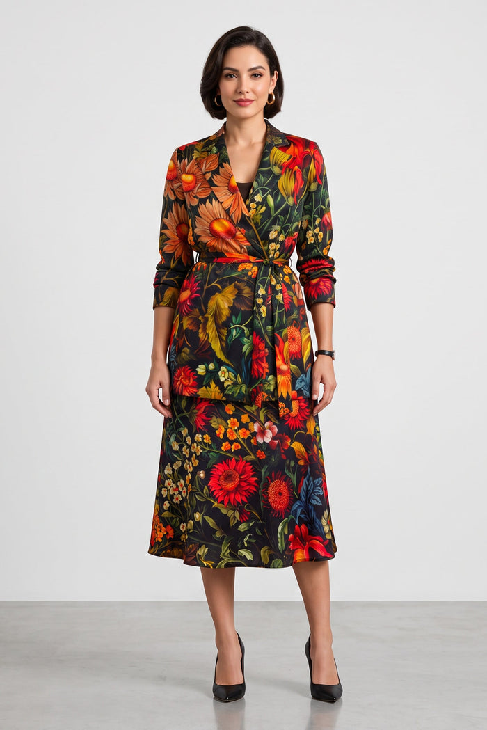 Black Floral Garden Twill Satin Billy Wrap Kimono