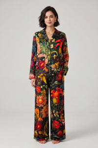 Black Floral Garden Twill Satin Sahara Trousers