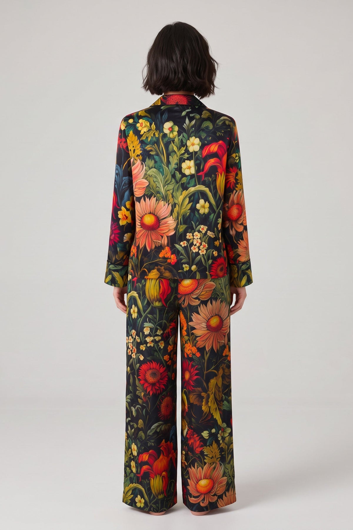 Black Floral Garden Twill Satin Sahara Trousers