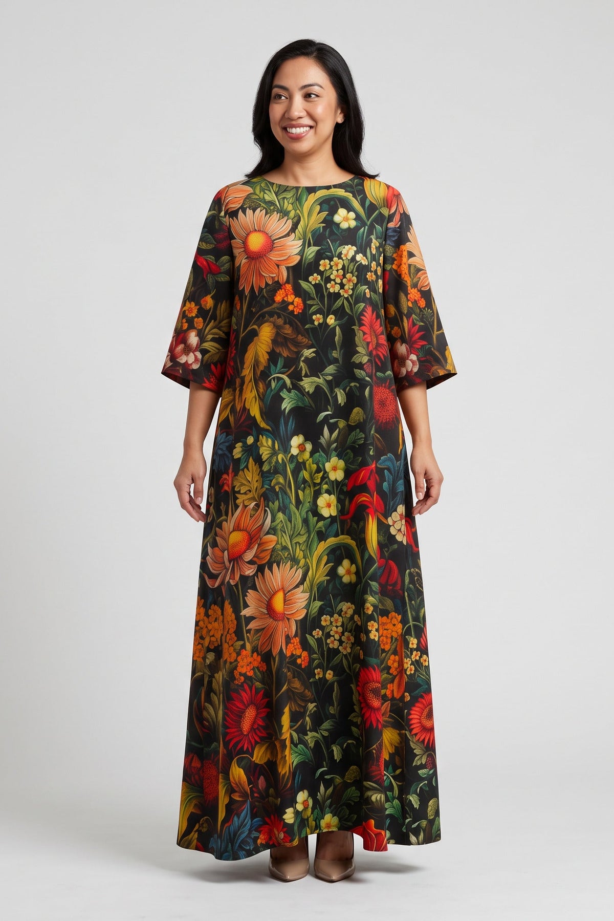 Black Floral Garden Print  Boat Neck Twill Satin  Kaftan