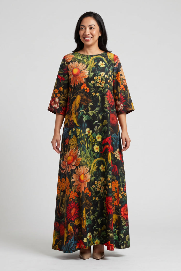Black Floral Garden Print  Boat Neck Twill Satin  Kaftan