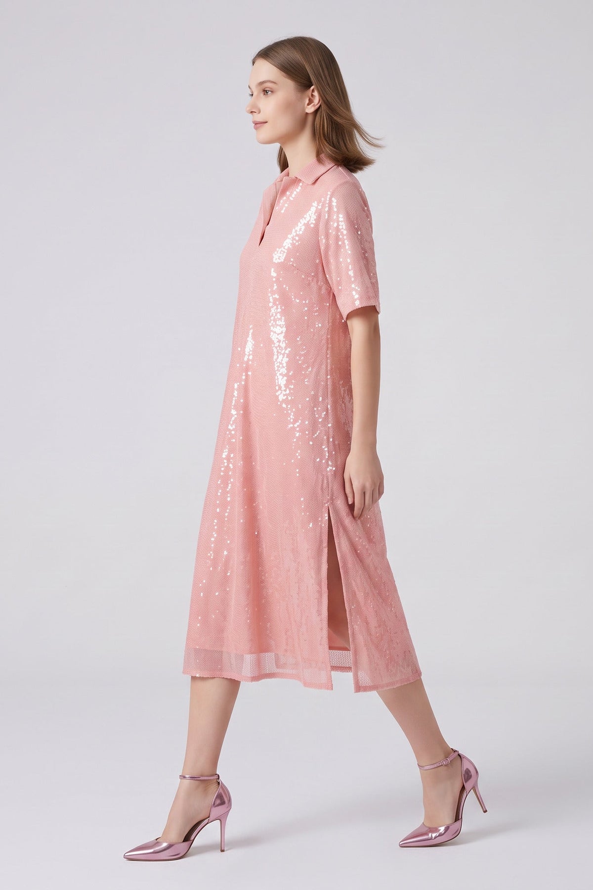 Emily Powder Pink Sequin Midi Shirt Dress