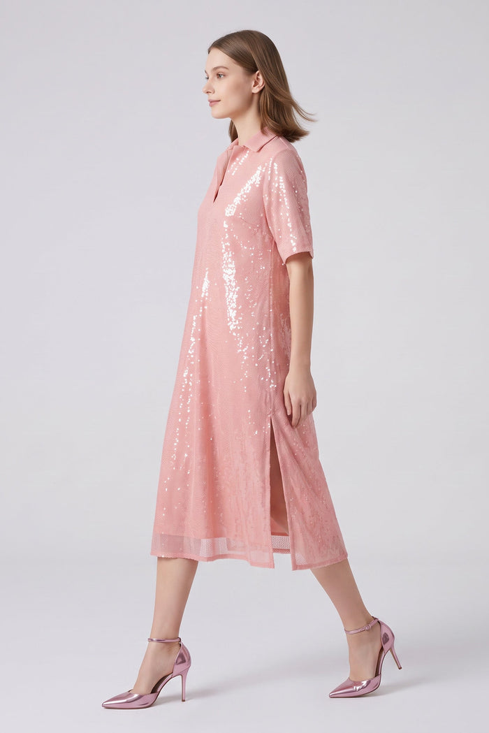 Emily Powder Pink Sequin Midi Shirt Dress
