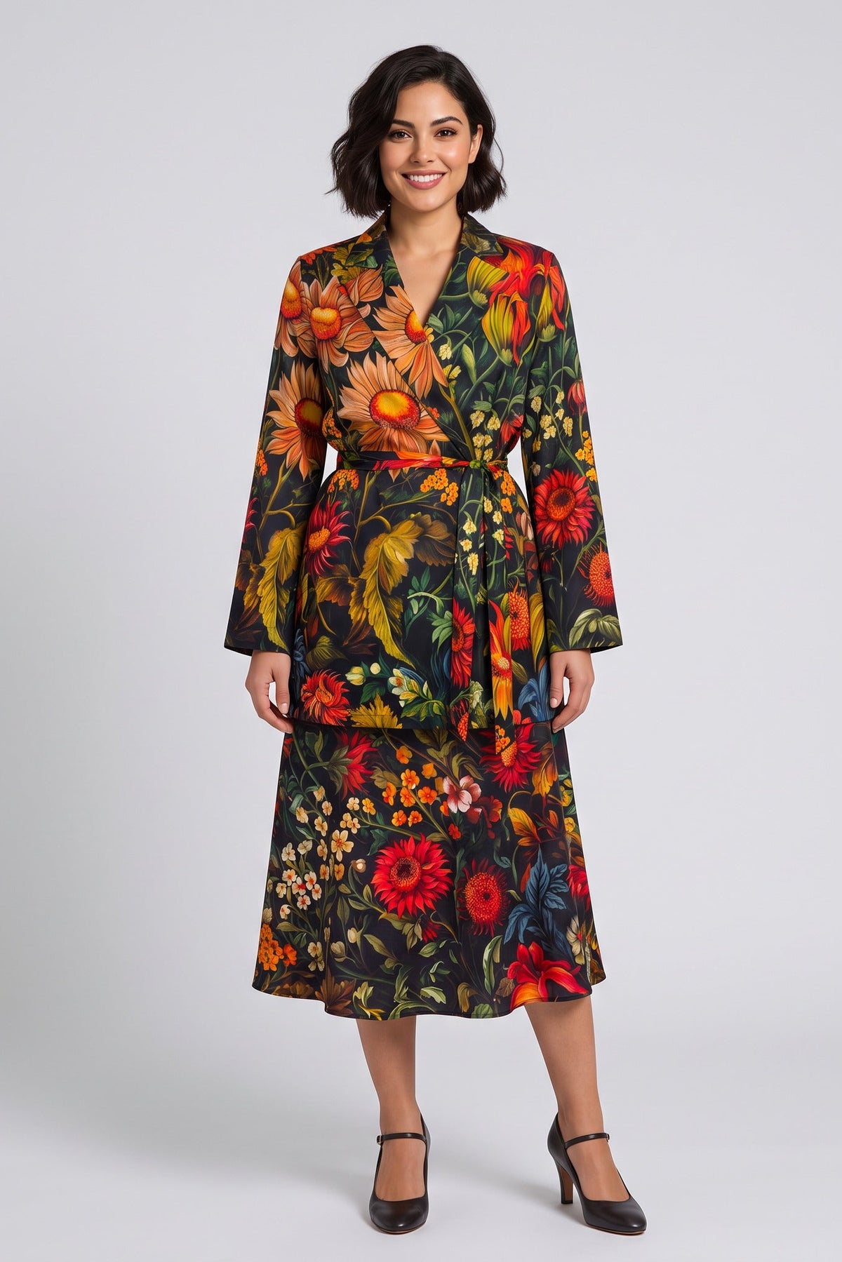 Black Floral Garden Twill Satin Billy Wrap Kimono