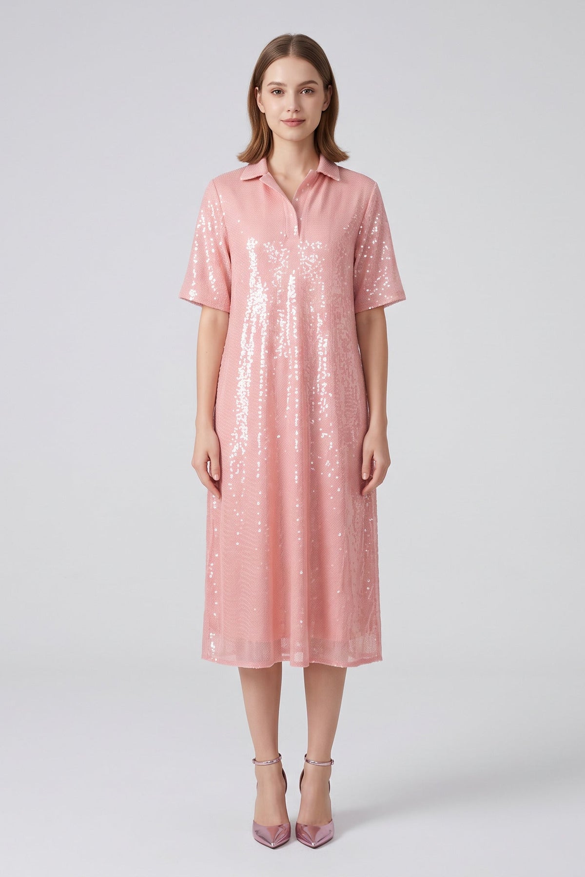 Emily Powder Pink Sequin Midi Shirt Dress