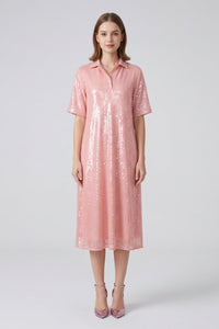 Emily Powder Pink Sequin Midi Shirt Dress