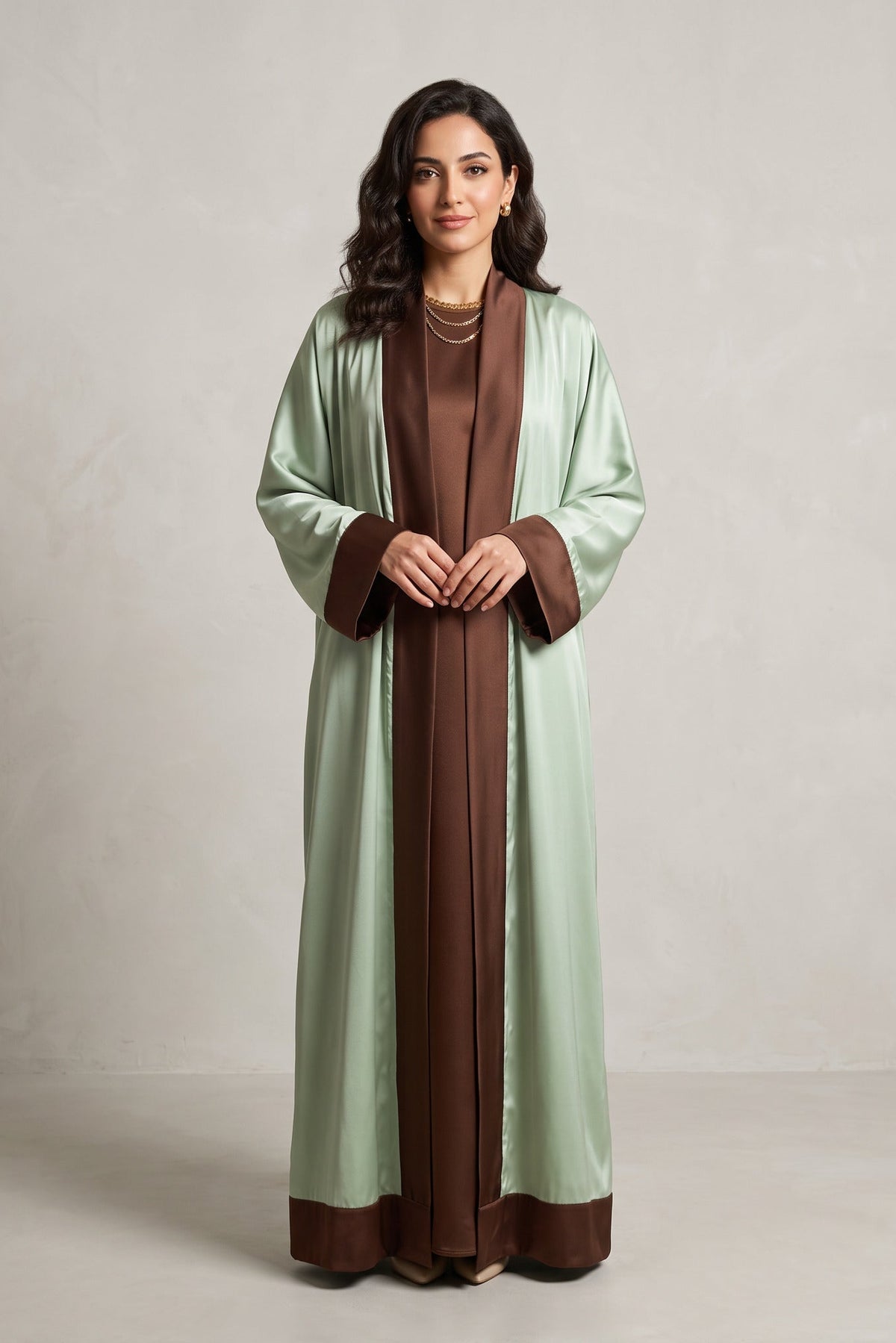 Mint Chocolate Cuff Satin Abaya Kaftan