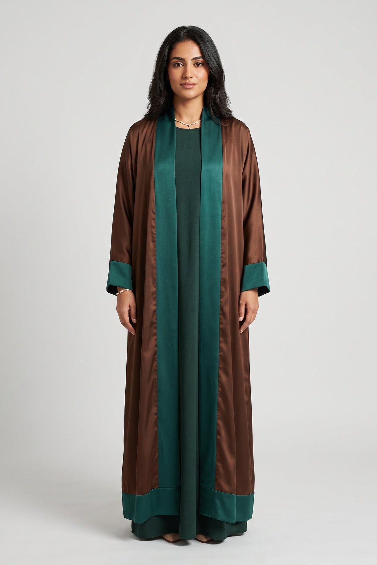 Dark Green Cuff Chocolate Brown Satin Abaya Kaftan