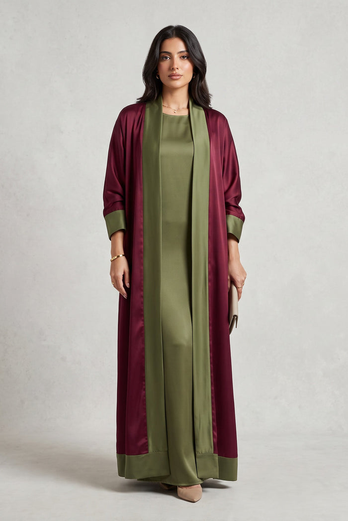 Wine Olive Cuff Satin Abaya Kaftan